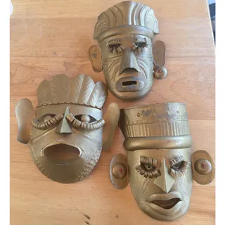 Photo of 3 VNTG Mexican Tin Metal Masks Beaded Eyes Folk Art Primitive Style Tribal 6”x5”