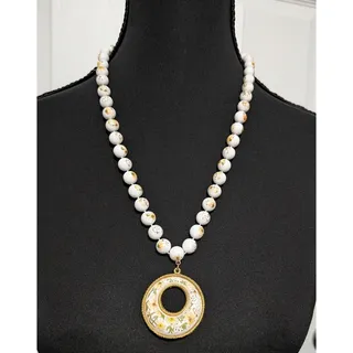 Photo of Vintage 70s Damascene White Gold Floral Bead Donut Medallion Statement Necklace