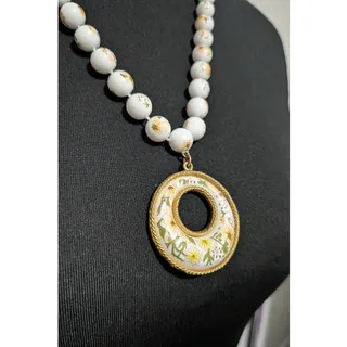 Photo of Vintage 70s Damascene White Gold Floral Bead Donut Medallion Statement Necklace