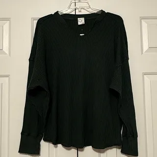 Photo of NWT OFFLINE By Aerie Waffle Notch Neck Long Sleeve T-Shirt, Dark Green, Size XL