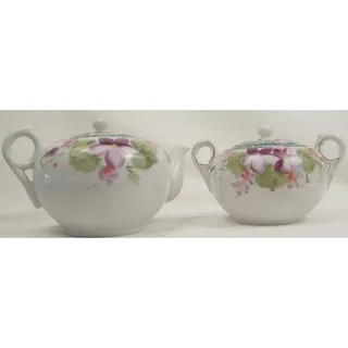 Photo of Antique Nippon TE-OH China Hand Painted Moriage Violet Teapot Sugar Bowl Set
