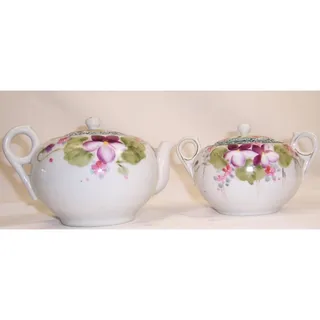 Photo of Antique Nippon TE-OH China Hand Painted Moriage Violet Teapot Sugar Bowl Set