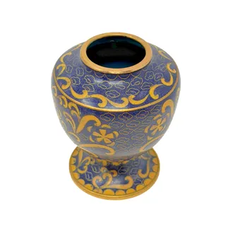 Photo of Vintage Cobalt Blue Cloisonne Footed Vase Gold Floral Scrollwork 3.5"