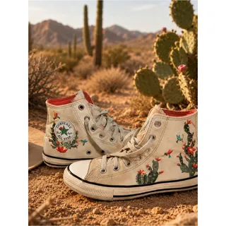 Photo of Converse Cream High-Top Sneakers with Green & Red Cactus Embroidery