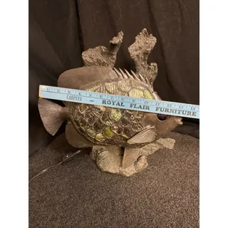 Photo of Vintage Tiffany Style Stained Glass Fish Lamp w/ Bronze Coral Shell Sculpture