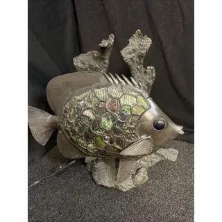 Photo of Vintage Tiffany Style Stained Glass Fish Lamp w/ Bronze Coral Shell Sculpture