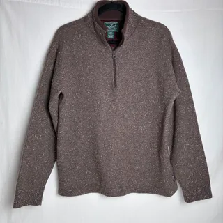 Photo of Woolrich Mens Large Brown Wool Sweater Quarter Zip Speckled Cabincore Rustic Tweed
