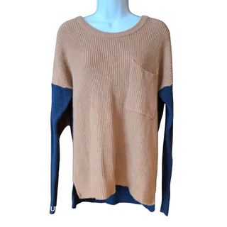 Photo of Madewell Thomson pocket sweater beige and navy, cable knit sz Small