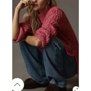 Photo of Pilcro Pink Rib-Knit Mock Neck Balloon Sleeve Textured Tunic Sweater M