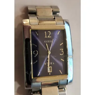 Photo of Vintage Guess Steel Mens Blue Dial Rectangular Quartz Watch Stainless Bracelet