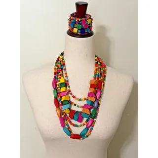 Photo of Colorful Wooden Bead Statement Necklace Bracelet Set Boho Artsy Bold Multicolor