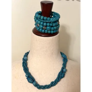 Photo of Turquoise Wooden Bead Necklace Bracelet Set Boho Southwestern Artisan Style