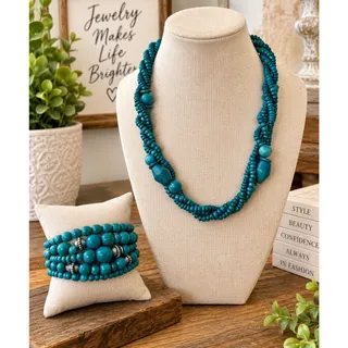Photo of Turquoise Wooden Bead Necklace Bracelet Set Boho Southwestern Artisan Style
