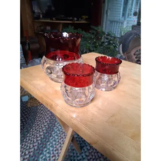 Photo of Lot of 3 Kings Criwn Ruby Flash Thumbprint Glassware Pieces (3164)