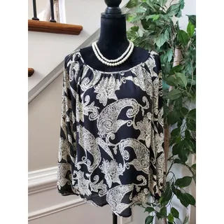 Photo of Blu Pepper Women's Black Paisley Polyester Round Neck Long Sleeve Top Blouse M