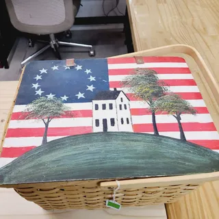 Photo of Vintage Hand Painted Woven Wood Basket, Patriotism, Folk Art PRE-OWNED
