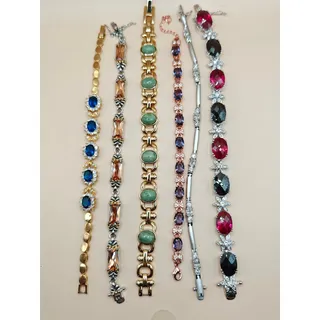 Photo of Lot of 6 Vintage Style Rhinestone & Gemstone Bracelets Gold Silver Tone