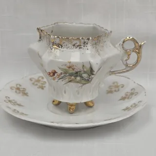 Photo of Ornate Porcelain Footed Demitasse Cup Saucer Floral Gold Gilt Scalloped