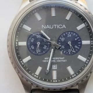 Photo of Nautica Mens Watch Gray Dial Silver Case Leather Strap Quartz Chronograph