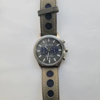 Photo of Nautica Mens Watch Gray Dial Silver Case Leather Strap Quartz Chronograph