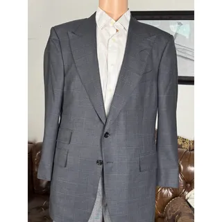 Photo of Tom Ford Houndstooth Plaid Wool Silk Charcoal Suit Jacket Peak Lapel 56 44R US