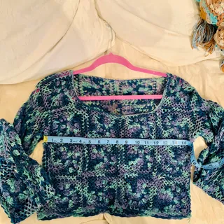 Photo of VINTAGE TONES OF BLUE & LAVENDER HANDMADE CROP CROCHET COTTON SWEATER XS/S