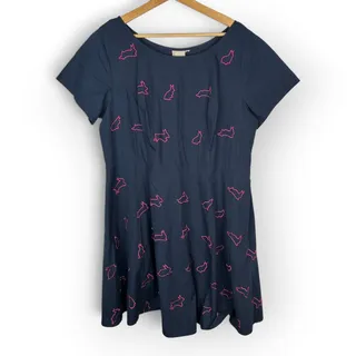Photo of eShakti Womens Medium Navy Bunny Embroidered Dress Cotton Fit Flare Whimsical