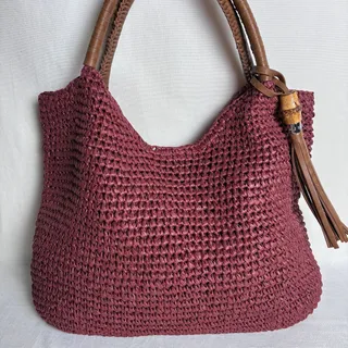 Photo of Tommy Bahama Crochet Raffia Bag Resort Wear Coastal Boho Chic Leather Handles