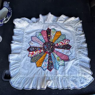 Photo of Handmade Dresden plate patchwork pillowcase sham vintage blue embroidered trim