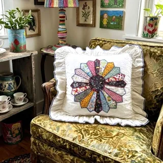 Photo of Handmade Dresden plate patchwork pillowcase sham vintage blue embroidered trim