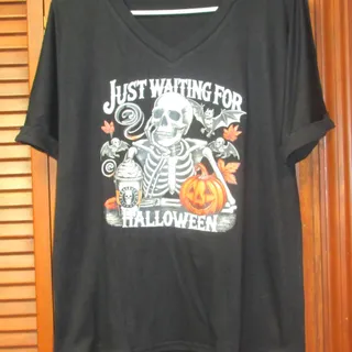 Photo of Adult Waiting for Halloween Skeleton Shirt Black V-Neck Graphic Tee Size Large