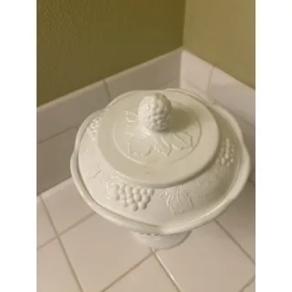 Photo of Vintage Indiana Colony Harvest White Milk Glass Compote Pedestal Grapes With Lid