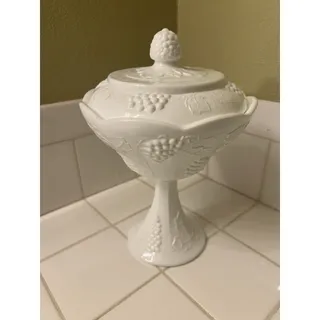 Photo of Vintage Indiana Colony Harvest White Milk Glass Compote Pedestal Grapes With Lid