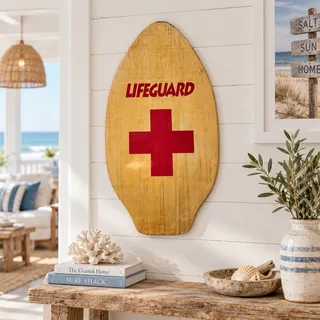 Photo of Vintage 1960s 70s Lifeguard Red Cross Wood Skimboard Beach Decor 37 Inch