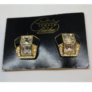 Photo of VTG Park Lane "Dynasty" Black Enamel Crystal Rhinestone Clip On Earring NOS