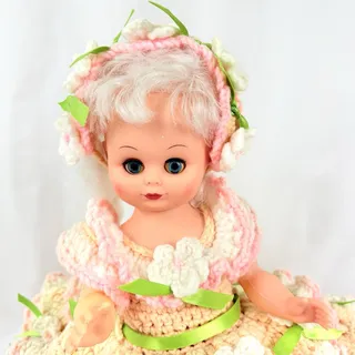Photo of Vintage Plastic Doll Big Crocheted Ruffled Floral Dress White Hair Blue Eyes