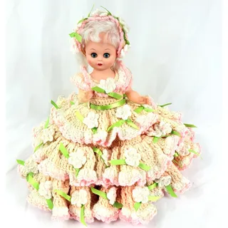Photo of Vintage Plastic Doll Big Crocheted Ruffled Floral Dress White Hair Blue Eyes