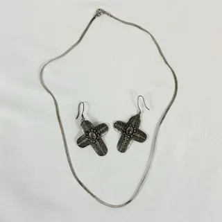 Photo of .925 Sterling Silver Cross Dangle Earrings Purple Stones & Herringbone Necklace
