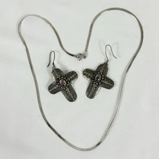 Photo of .925 Sterling Silver Cross Dangle Earrings Purple Stones & Herringbone Necklace