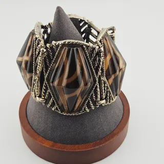 Photo of Vintage Silver Tone Chunky Panel Bracelet Animal Print Selro Style Twisted Metal