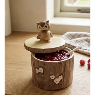 Photo of Vtg Lorrie Design Ceramic Owl Jar Jam Honey Jelly Japan Tree Stump Dipper Spoon