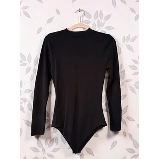 Photo of Dee Elly Black Bodysuit Womens Large Long Sleeve Open Front Cutout Mock