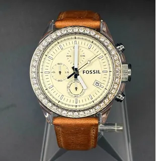 Photo of Fossil Haywood CH2854 Chronograph Crystal Bezel Clear Case Leather Watch 45mm