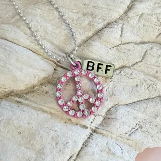 Photo of Sweet VTG 1980s White Rhinestone & Pink Peace Charm & BFF Tag Pendant Necklace