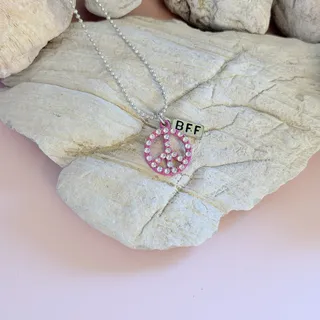 Photo of Sweet VTG 1980s White Rhinestone & Pink Peace Charm & BFF Tag Pendant Necklace