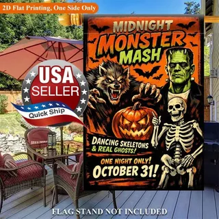 Photo of Halloween Monster Mash Party Poster 12x18 Flag • Frankenstein Werewolf Skeleton