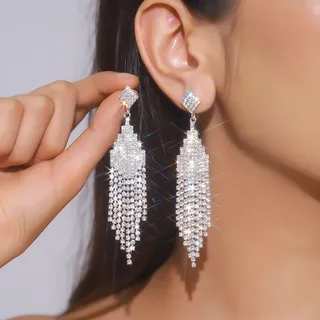 Photo of Long 925 Sterling Silver CZ Chandelier Tassel Earrings New