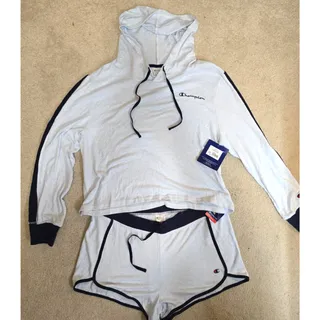 Photo of Champion Womens 2X Lt. Blue Navy Hooded Top Shorts 2 Piece Sleep Lounge Set NWT