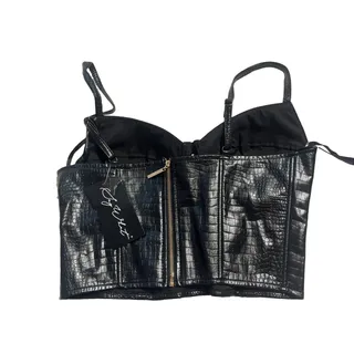 Photo of Say What Black Faux Leather Bustier Corset Crop Punk Biker Club Push Up Top M