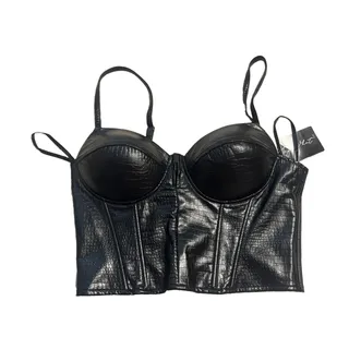 Photo of Say What Black Faux Leather Bustier Corset Crop Punk Biker Club Push Up Top M